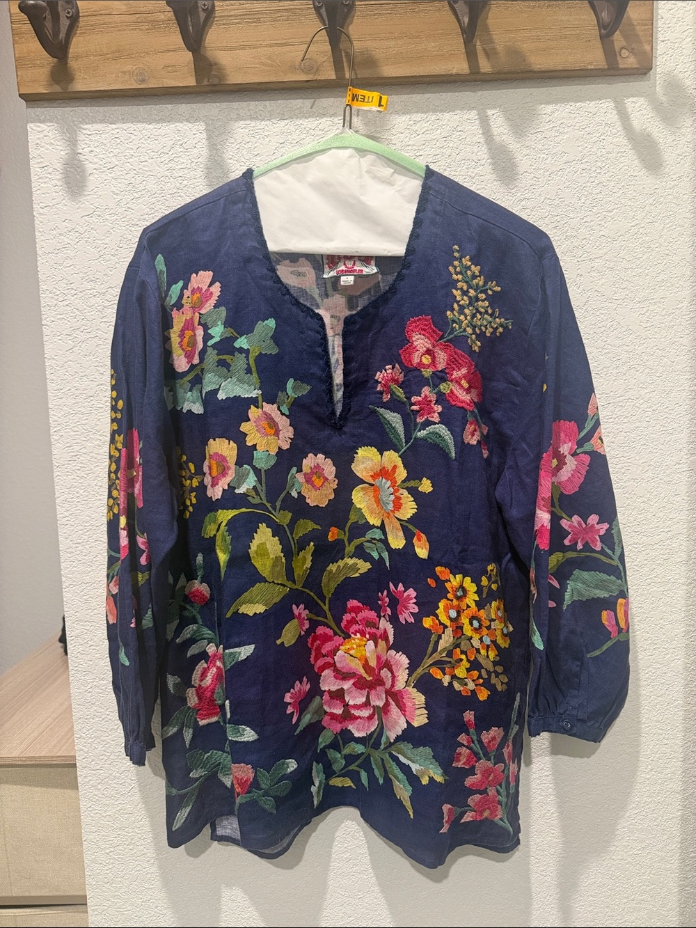 NEW Johnny Was Split-Neck Linen Floral Blouse